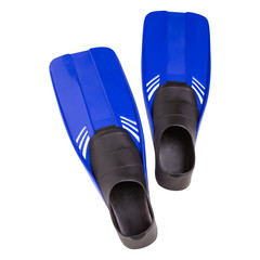 pair of blue flippers for diving or for swimming, on a white background