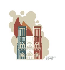 Notre Dame de Paris Cathedral in the colors of the French flag. Conflagration. Vector flat icon