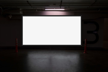 indoor car parking and empty white billboard .Blank space for text and images. - 263663748