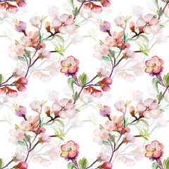 Spring branch.Pink spring branch.Seamless watercolor drawing of a tree branch.1i