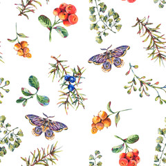 Watercolor vintage floral forest seamless pattern with fir branches, berries, moth, flowers and fern
