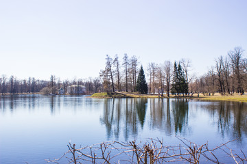 Tsarskoye Selo, Pushkin. Suburb of St. Petersburg, Russia. View of the park, lake and bridge