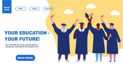 Graduating happy Students Landing Web Page Template Education Concept Element Flat cartoon Design Style. Vector illustration of Icon Student People