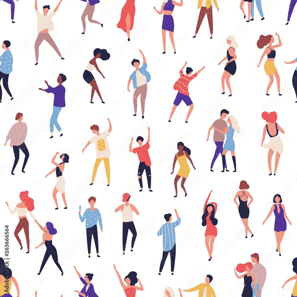 Poster seamless pattern with tiny people dancing on dance floor at night club on white background. backdrop