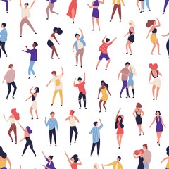 Fototapeta na wymiar Seamless pattern with tiny people dancing on dance floor at night club on white background. Backdrop with happy of men and women having fun at party. Flat vector illustration for wrapping paper.