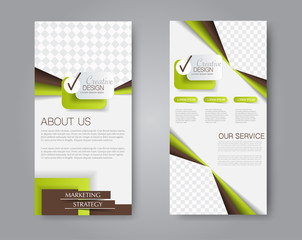 Skinny flyer or leaflet design. Set of two side brochure template or banner.  Vector illustration. Brown and green color.