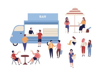 Van and funny people walking beside it, sitting at tables, drinking coffee and talking to each other. Outdoor street food festival, open air event, summer market. Flat cartoon vector illustration.