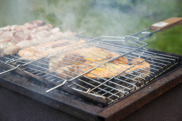 Shashlik (or shashlik) and salmon steaks preparing on a barbecue grill over charcoal. Grilled cubes of pork meat on metal skewer. Outdoor.