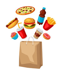 Illustration with fast food meal. Tasty fastfood lunch products.