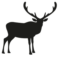 Silhouette of reindeer with big antlers, isolated on white background