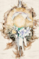 decorative hay hat with flowers in watercolors