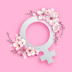 Women symbol paper cut vector design with Sakura flower