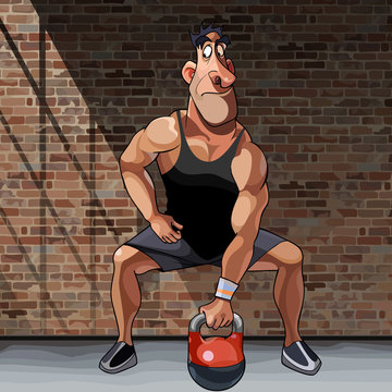 cartoon male athlete doing exercise with kettlebell