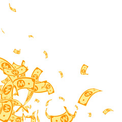 Korean won notes falling. Messy WON bills on white