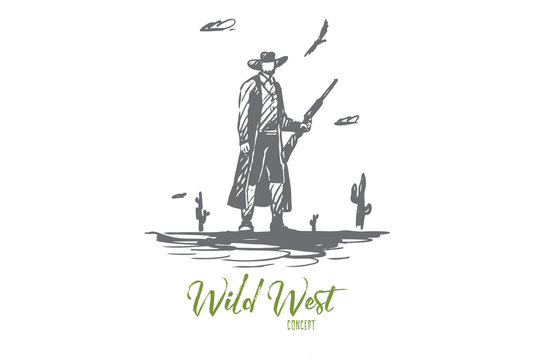 Wild, west, cowboy, gun, hat, western concept. Hand drawn isolated vector.