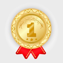 Gold medal vector. Golden 1st place badge. Sport game award with red ribbon. 