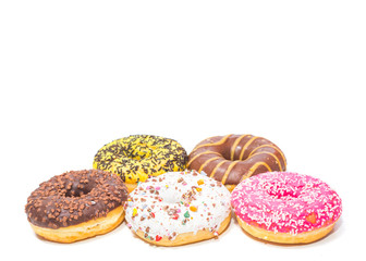 Set of five donuts on white background