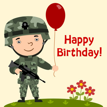 Funny soldier in camouflage with balloon - happy birthday card.