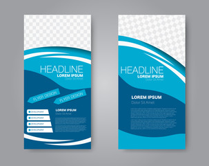 Flyer template. Vectical banner design. Modern abstract two side brochure background. Vector illustration. Blue color.