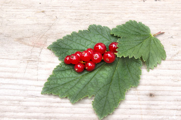 Red currant berries on the board. Summer berry background with place for text. Close-up.