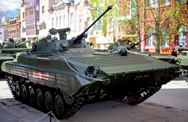 Russian armored personnel carrier before the parade in honor of the Victory.