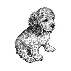 Spaniel dog. Cute puppy. Black and white hand drawing.
