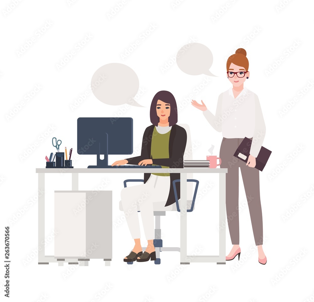 Poster pair of women working at office together. female clerks dressed in smart clothes sitting in chair an