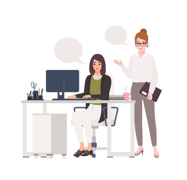 Pair of women working at office together. Female clerks dressed in smart clothes sitting in chair and standing at desk with computer and talking to each other. Flat cartoon vector illustration.