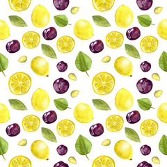 Watercolor fruit seamless pattern.Hand drawn illustration on a white background.