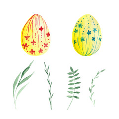 Watercolor set of easter eggs and twigs
