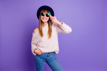 Portrait of her she nice-looking attractive chic winsome lovely cheerful cheery dreamy straight-haired lady touching glasses isolated on bright vivid shine violet purple background