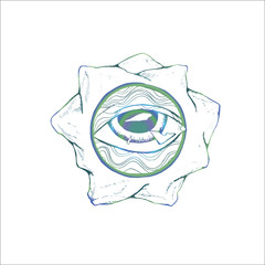 Black and white paint of the eye, inscribed in a circle of pattern and mountains. Idea for a tattoo.