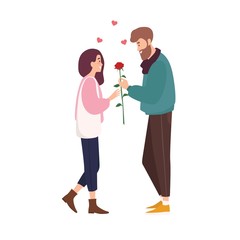 Adorable happy couple in love on romantic date. Cute smiling boy giving rose flower to girl. Young man and woman met through online dating application or website. Flat cartoon vector illustration.
