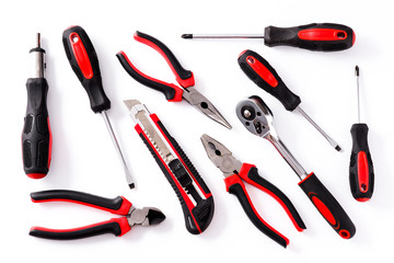 Building tools repair set isolated on white background. Top view