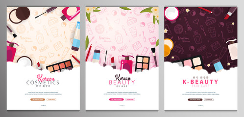 Korean flat cosmetics. Set of K-Beauty banners with hand draw doodle backgrounds. Skincare and Makeup. Vector Illustration.