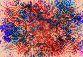 Abstract mandala graphic design and watercolor digital art painting for ancient geometric concept background