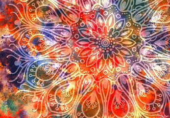 Abstract mandala graphic design and watercolor digital art painting for ancient geometric concept background