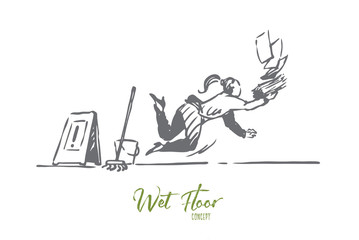 Floor, wet, caution, woman, slippery concept. Hand drawn isolated vector.