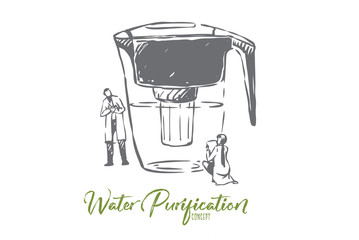 Water, purified, bottle, clean, filtration concept. Hand drawn isolated vector.