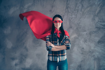 Close up photo beautiful fearless she her superpower lady comics costume heroine women equal rights concept strong hands arms wear red eye mask flight mantle home room loft apartment flat indoors © deagreez