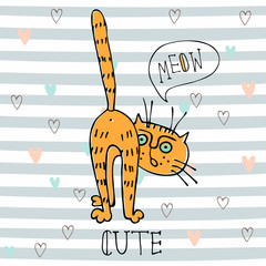 Red funny cat in cute style on striped background. Vector. © Olga