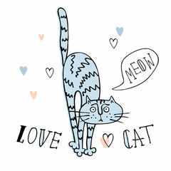 Cheerful Doodle cat in a cute style. Striped background. Vector illustration © Olga