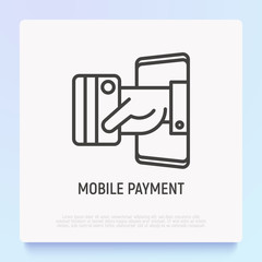 Mobile payment: hand puts out credit card from smartphone. Modern vector illustration.