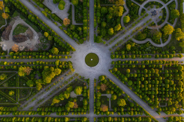 Beautiful drone shot of a symmetrical park from up above 