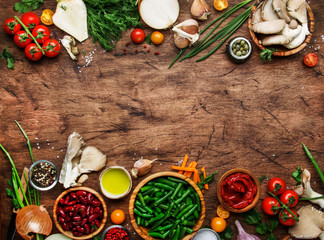 Food cooking background, ingredients for preparation vegan dishes, green bean, vegetables, roots,...