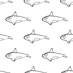 Killer whale character abstract hand drawn vector seamless pattern. Retro illustration. Marine wild mammal. Ocean and sea animal curve paint sign. Doodle sketch. Element for design, fabric print. Jaw.