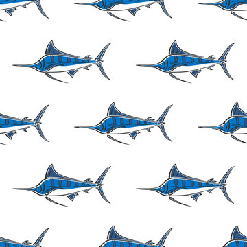 Marlin sailfish character abstract hand drawn vector seamless pattern. Simplified color illustration. Ocean and sea animal curve paint sign. Doodle sketch. Element for design, wallpaper, fabric print.