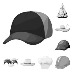 Vector illustration of hat and helmet sign. Set of hat and profession stock vector illustration.