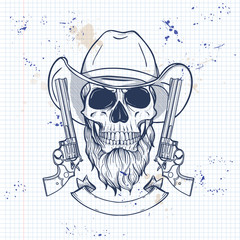 Sketch, skull with cowboy hat, revolver and beard on a notebook page