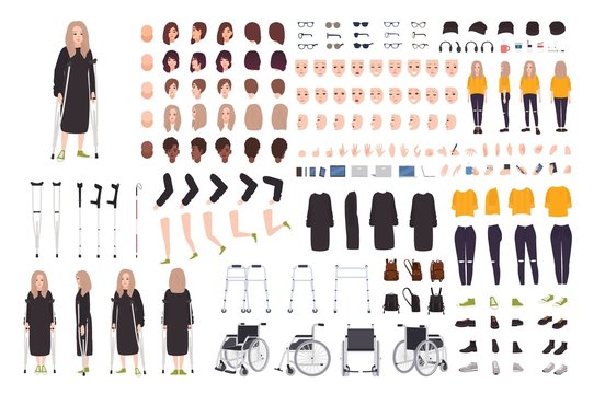 Young woman with crutches constructor or DIY kit. Female cartoon character with trauma or disability. Bundle of body parts, postures, gesture. Front, side, back views. Flat vector illustration.